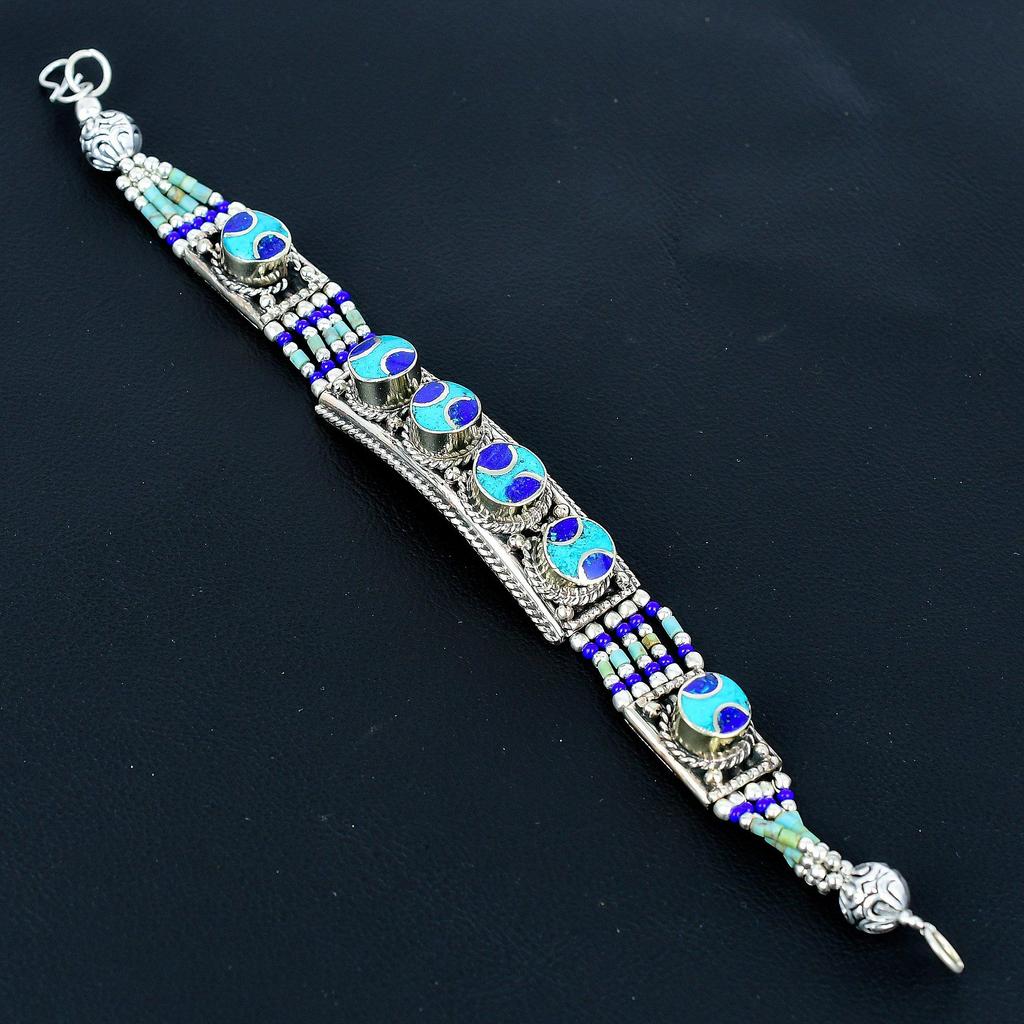 Lapislazzuli , Turchese Argento Sterling 925 Argento Tibetano Bracciale Fatto a Mano Bracciale Gioielli Asiatici Nepal Bracciale Imponente Gioielli Charm Baho