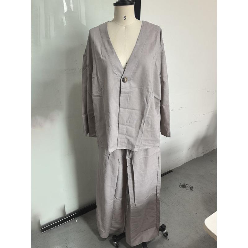Cotton Linen Pants Suits Women 2-piece Set Loose V-neck Top with Elastic High Waist Wide Leg Pant No Pocket Commut Casual 2025 Spring Summer