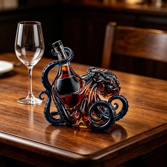 Octopus-Shaped Glass Decanter, 3D Artistic Borosilicate Bottle for Whiskey Wine Soda, 350ml Decorative Liquid Bottle, Unique Bar Decor Gift for