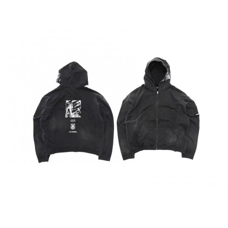 Vintage West Coast Hooded Zip-Up Sweatshirt With Sanskrit Script Print Relaxed Fit Cotton Pullover Men
