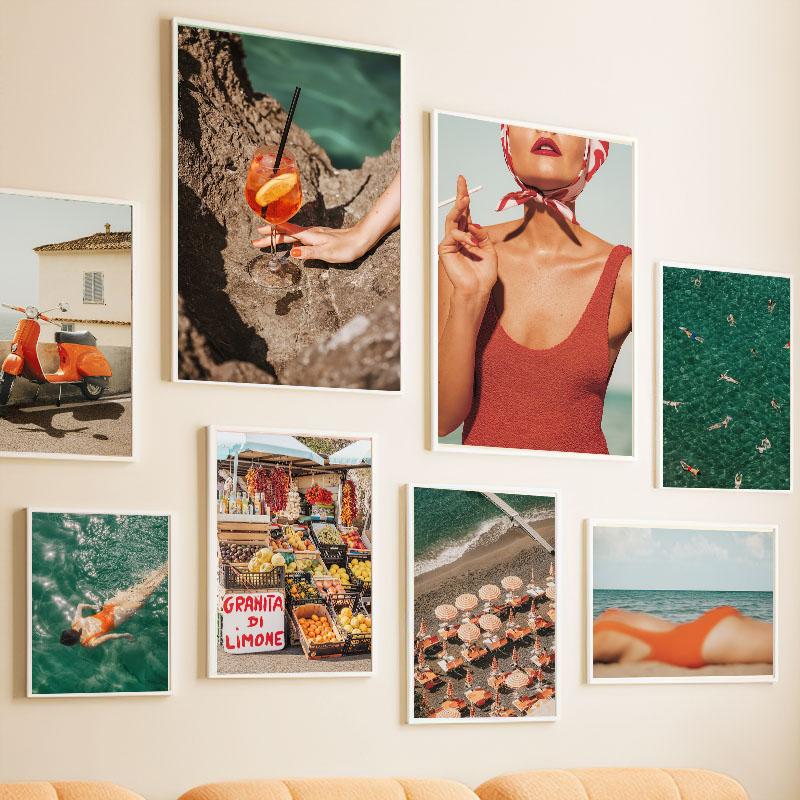 Sea Bathing Beach Girl Fruit Juice Nordic Landscape Posters Wall Art Canvas Painting Hotel Gallery Pictures Of Living Room Decor