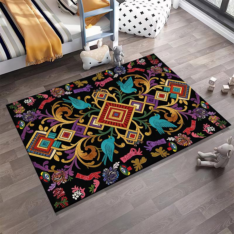 Colorful Abstract Carpet with Birds, Floral Patterns, and Geometric Shapes Suitable for Use As an Anti-slip for Living Room Bedroom Sofas