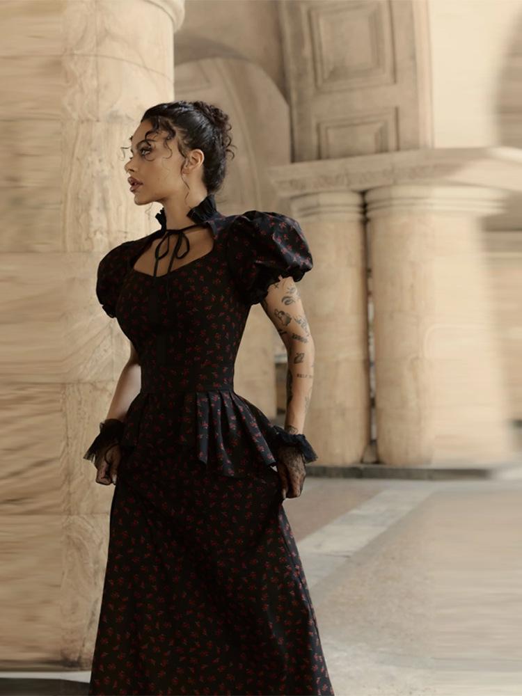 Autumn 2026 Women's Puff Sleeve Polka Dot Slim Fit Long Dress with Detachable Hem