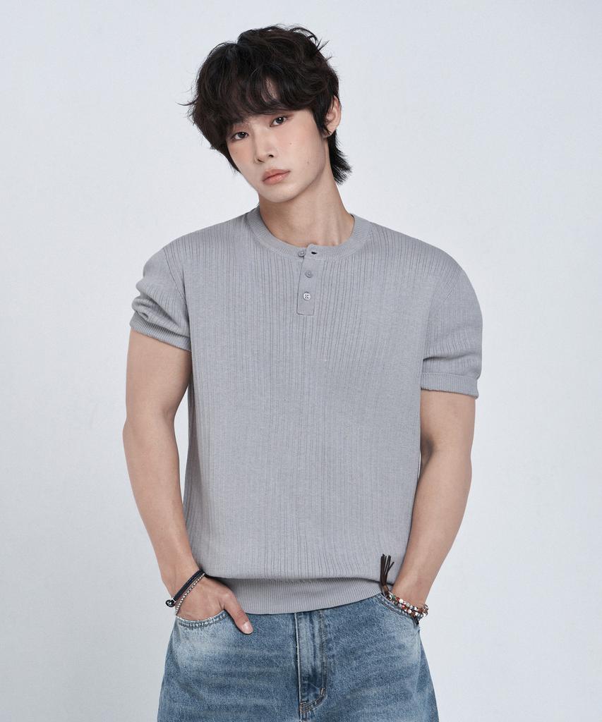 LEMAIN SECOND Classic Henley Neck Washable Short Sleeve Knit [Gray]