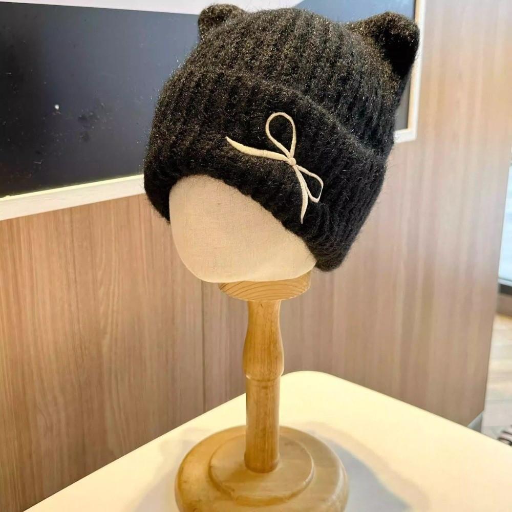 Thickened Cat Ear Beanie Windproof Knitted Skullies Soft Knitted Woolen Hat  Ladies