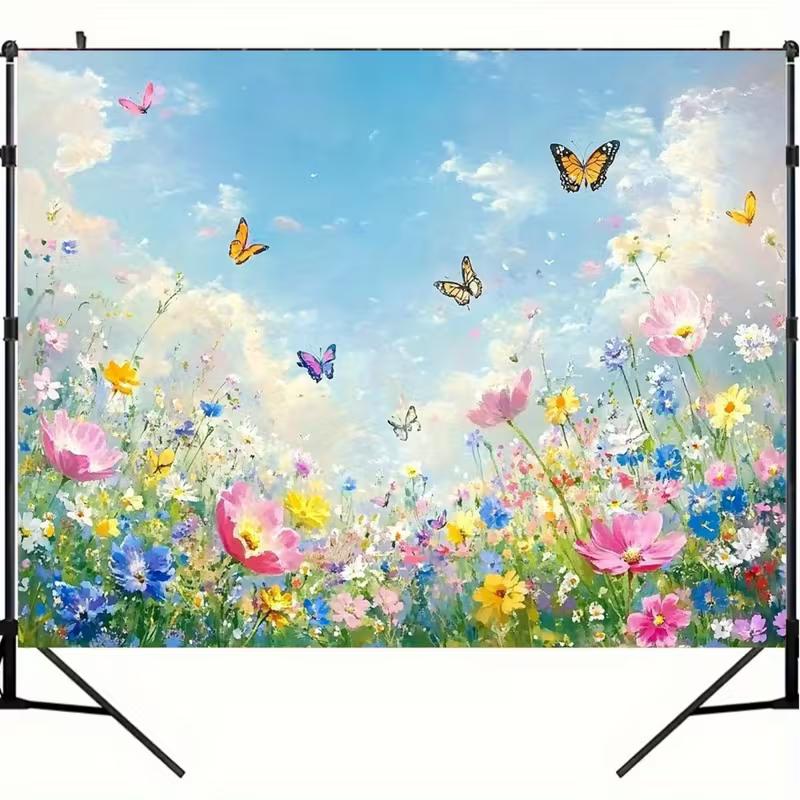 2D Watercolor Wildflower Photography Backdrop Butterfly Blue Sky Background
