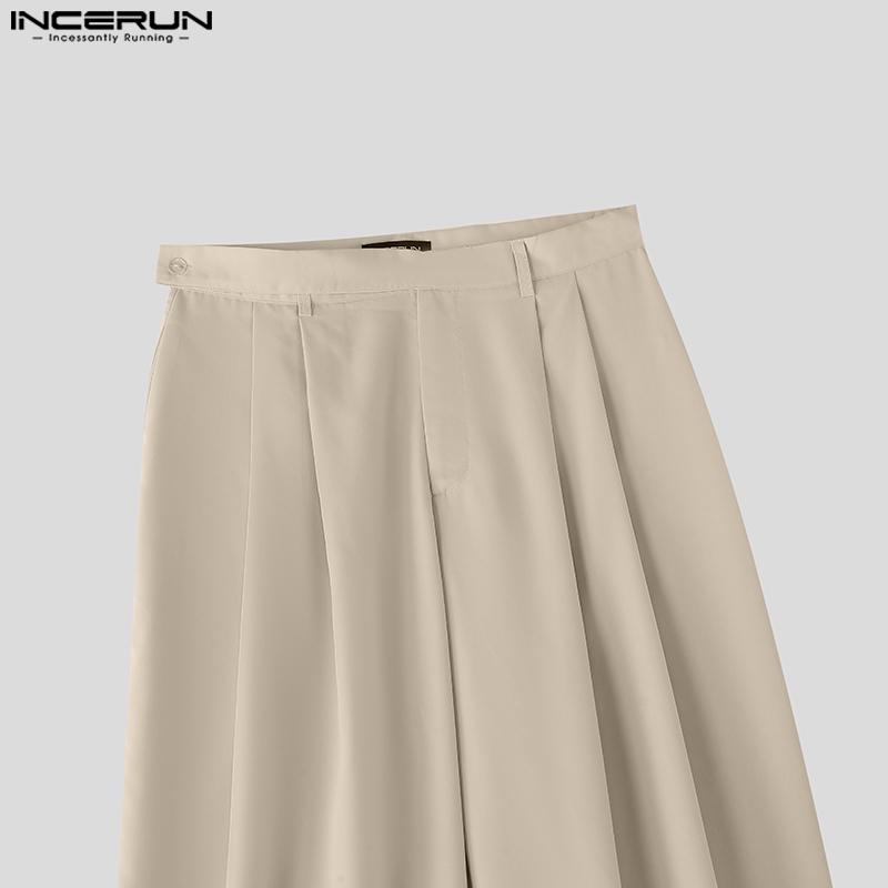 INCERUN Men Zip-up High Waist Casual Long Wide Legs Pants Trousers
