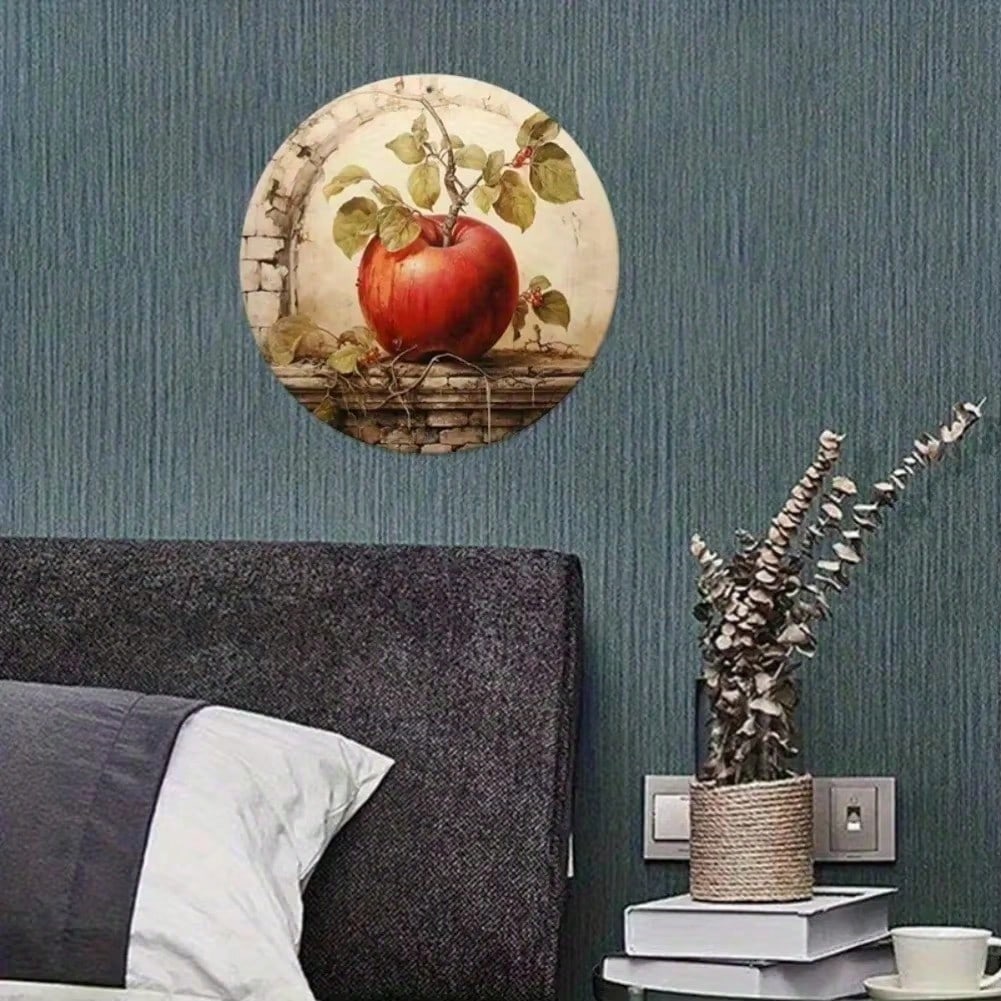 2D Retro Hippie Round Wreath Metal Sign, Red Apples Green Leaves Art, Farmhouse Wall Decor for Kitchen Cafe