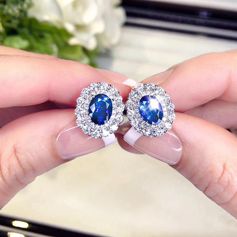 Silver Double Halo Blue Sapphire CZ Stud Earrings Oval Cut Simulated Sapphire Crystal Earrings Women Bridal Jewelry