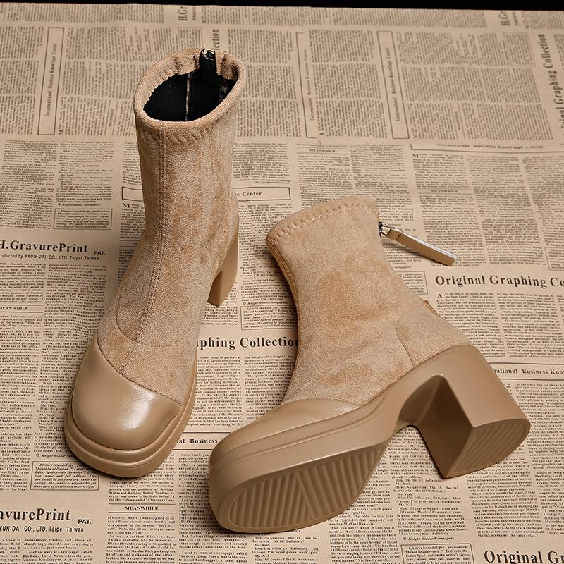 Skinny boots children spring and autumn new Korean small ankle boots autumn and winter women's shoes suede elastic boots high heels short boots