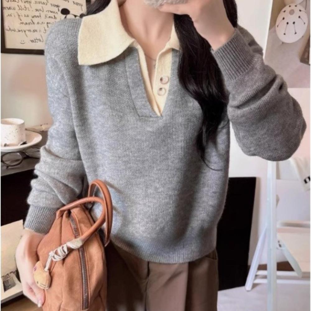 A Laid-back, Niche Design Style, Loose and Slimming Sweater, Knitted Sweater, Women's Autumn New Lapel Long-sleeved Top
