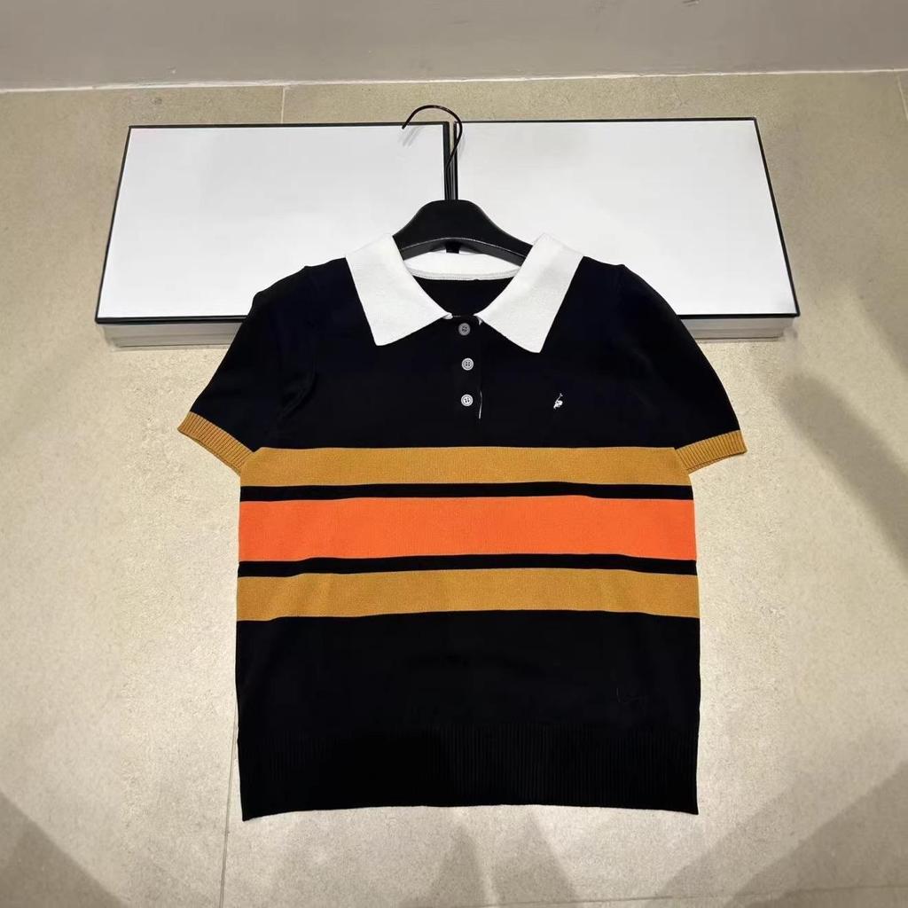 Little Horse Striped Lapel Knit Top: Casual Summer 2026 Short Sleeve