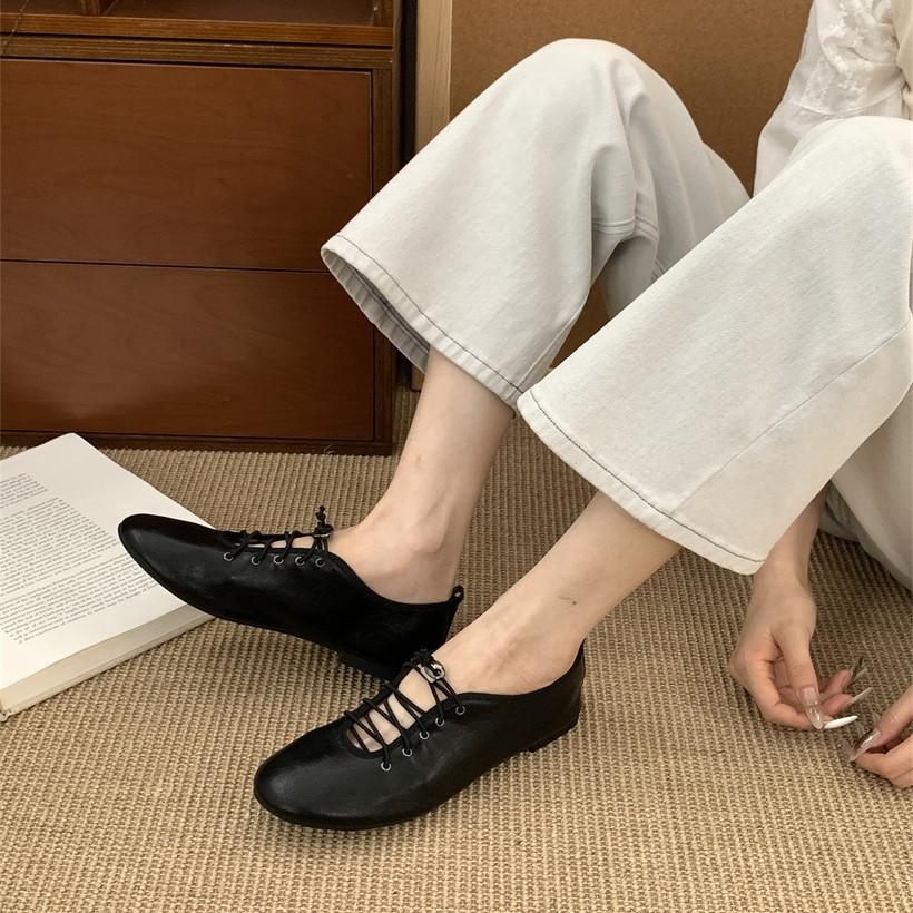 Korean version of niche design single shoes 2025 spring and autumn new lace-up small leather shoes ballet flat shoes round head single shoes