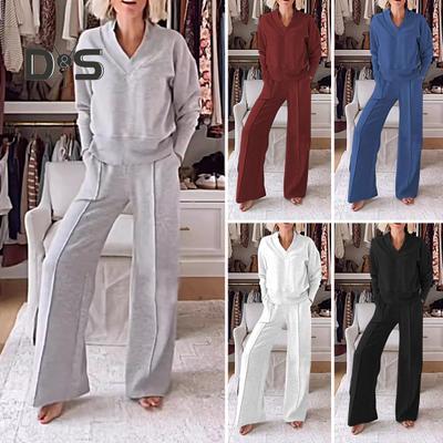 2 pezzi/set da donna, top e pantaloni, scollo a V, maniche lunghe, felpa larga, elastico in vita, pantaloni della tuta larghi, outfit sportivo, tuta casual autunnale