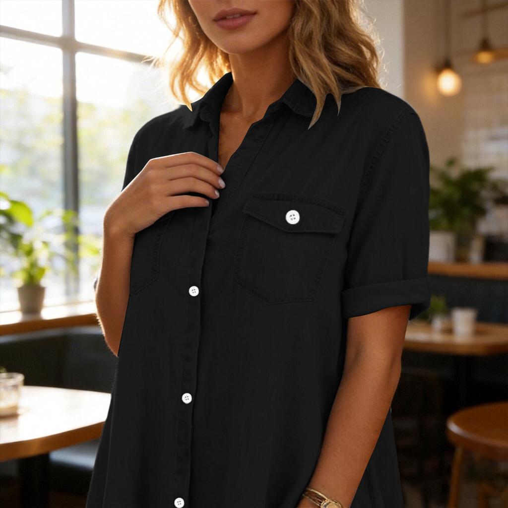 Women’s Button Down Shirt Dress with Short Sleeves Front Pockets Casual Loose Fit Tunic Knee Length
