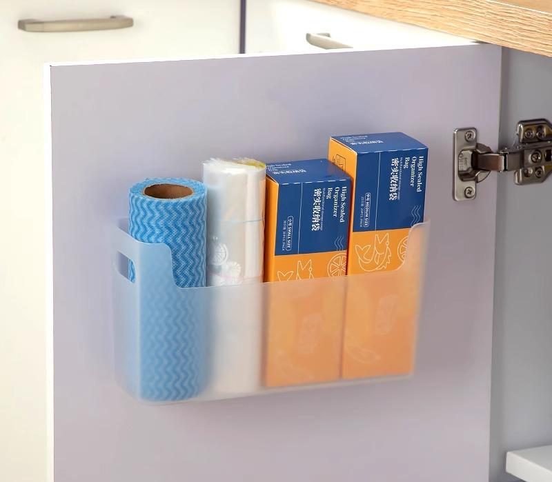 Kitchen Sundries Storage Boxes Cabinet Door Punch-Free Plastic Wrap Organization Bins Home Bathroom Wall Mounted Toiletriy Shelf