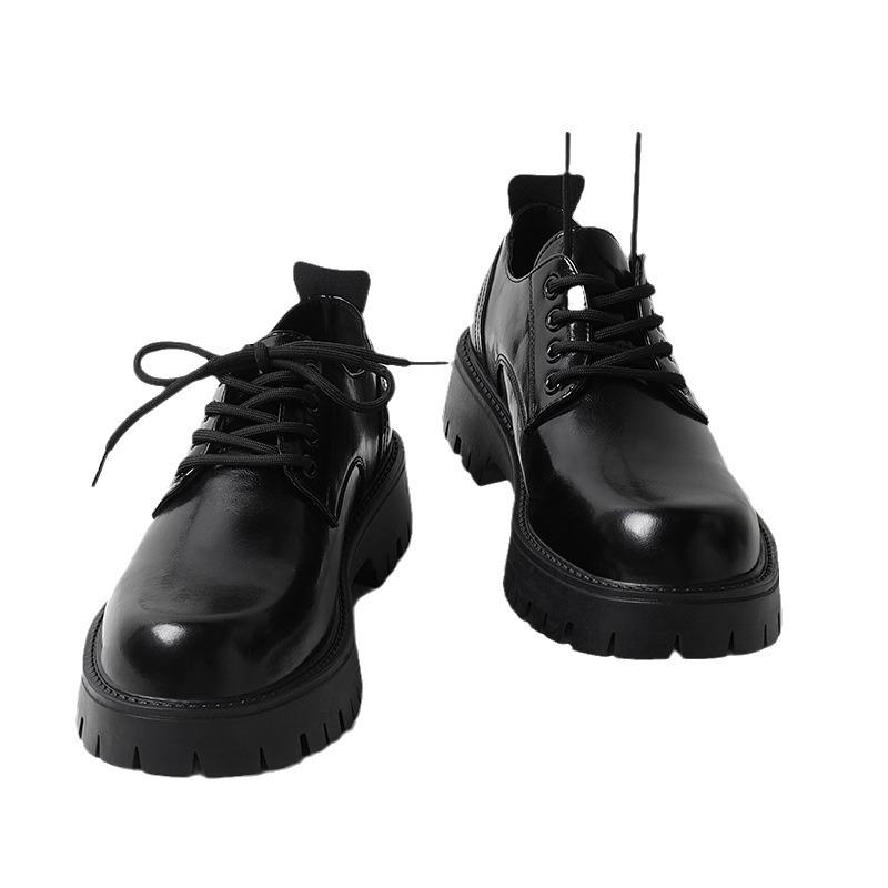 Black Leather Shoes Men's Platform Height Increase Retro Single Shoes Big Round Toe Men's Business Formal Round Scalp Shoes G2135