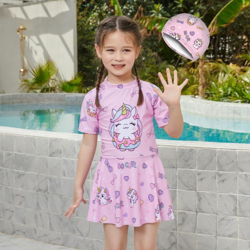 

Girls Quick-Dry One-Piece Swimsuit - Short Sleeve, Cute & Fashionable Surf Swimwear M (3-4 years)