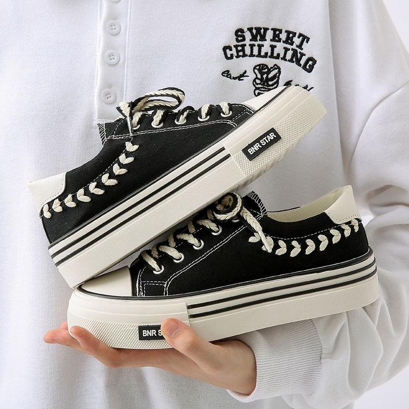 Thick-soled wheat ear canvas shoes, women's trendy shoes, female students are versatile, autumn and summer niche design, casual breathable board shoes