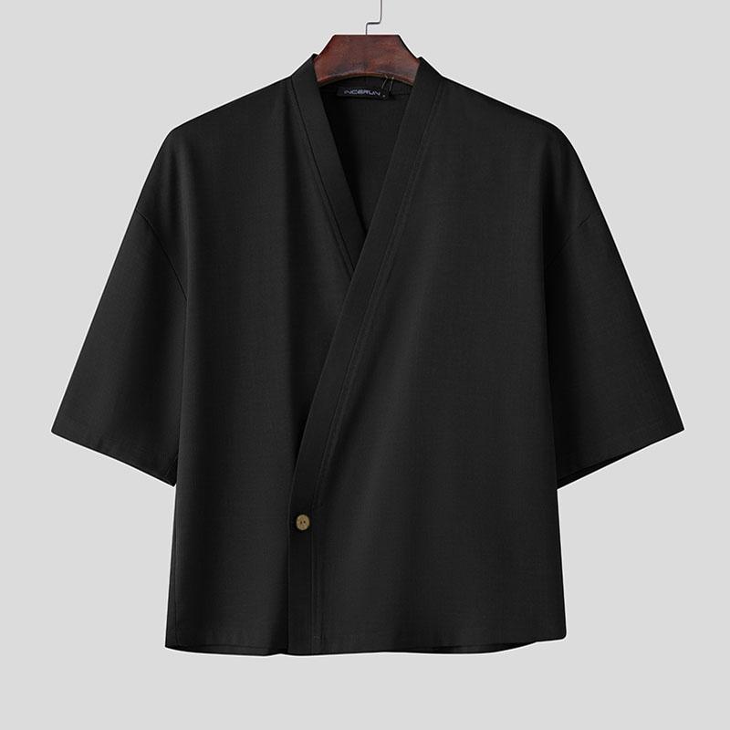 

INCERUN Мужской Кардиган с V-образным вырезом спереди и коротким рукавом, свободный, повседневный 3XL чёрный