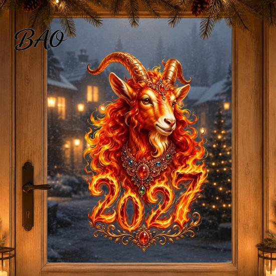 Winter Festival Glass Decor Chinese New Year Window Sticker, 2027 Goat Static Clings, Decoration for Home Reusable Lunar Xmas Shop PVC Clings Windows