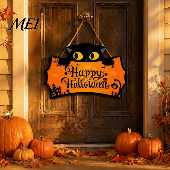 Autumn Festival Wall Ornaments Halloween Wooden Door Hanging Plaque, Printed Black Cat Pumpkin Castle Spider Web Front Cute Party Supplies Sign,