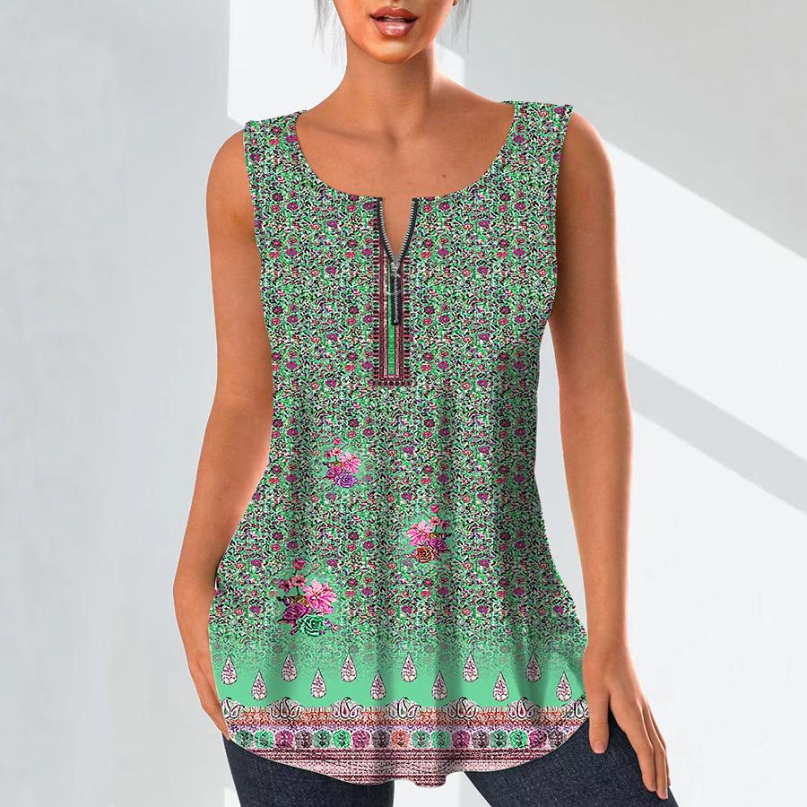 Women's Fashion V Neck Shirts Casual Tops T-shirt Ladies 3D Retro Pattern Print Vest Plus Size Sleeveless Blouse Tank Tops