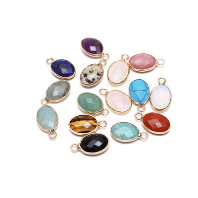 5Pcs, Faceted Natural Stone Crystal Amethyst Agate Gemstone Pendant with Golden Edging, Boho Handmade Oval Charms for Jewelry Making DIY 11×19mm