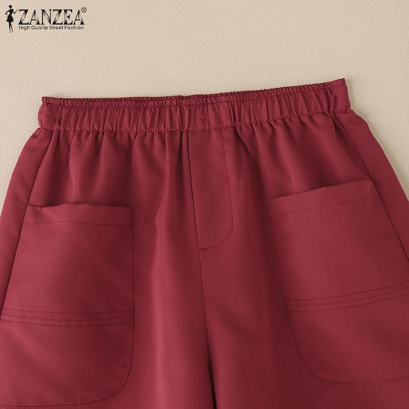 ZANZEA Women Casual Elastic Waist Loose Summer Shorts with Two Pockets