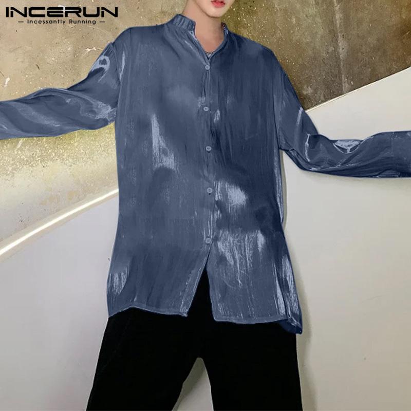 INCERUN Ανδρικά Γκλίτερ Πουκάμισα Μακρυμάνικα Κουμπιά Μονόχρωμα Ανοιχτή Πλάτη Τοπ με Μπαντάζ