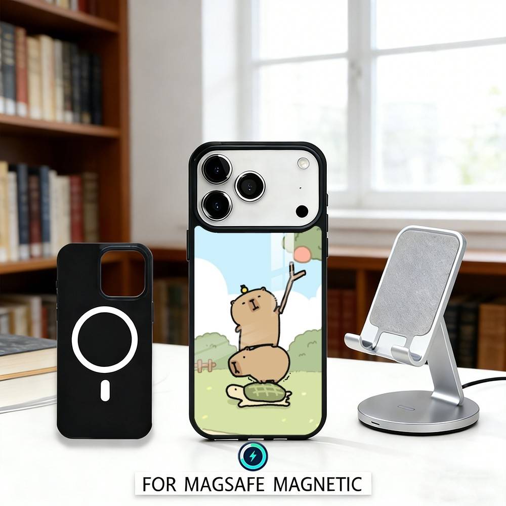 H-Happy C-Cute Capybara Cartoon Phone Case Magnetic For iPhone17 16 15 14 13 12 Pro Max For Magsafe Wireless Charging Cover