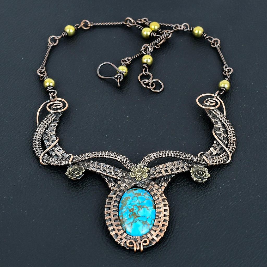 Blue Turquoise Handmade Gemstone Necklace, 999 Copper Wire Wrapped Antique Jewelry Adjustable Chain Necklace, For Engagement Gift