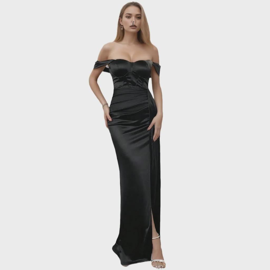 One-Shoulder Solid Color Evening Dress with Slit and Fishtail Skirt