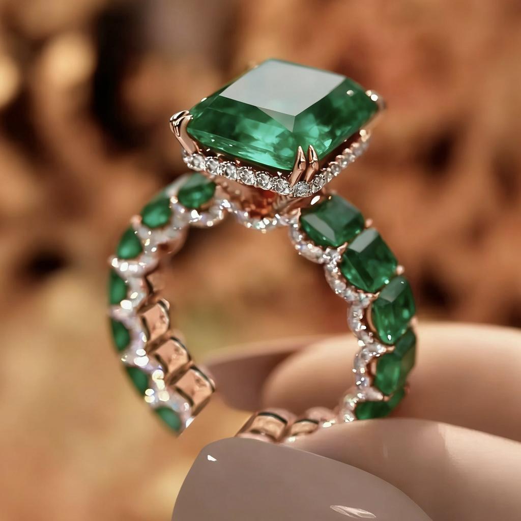 Luxury new full diamond rose gold ring with emerald women's open diamond ring ring