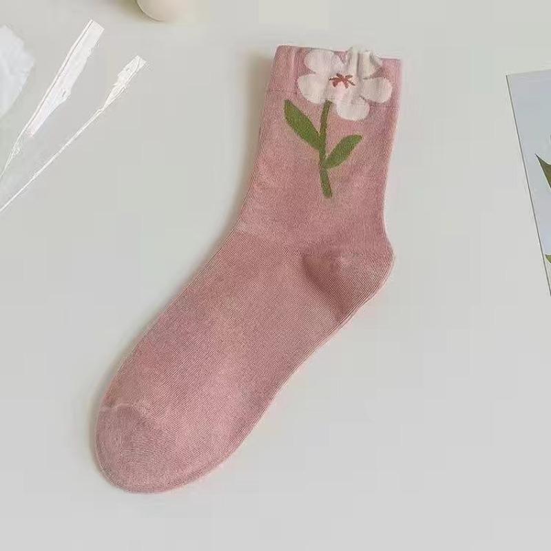 Flower Socks For Women Korean Cotton Cute Socks Style Middle Tube For Girl Breathable Casual Sweet Female Floral Socks