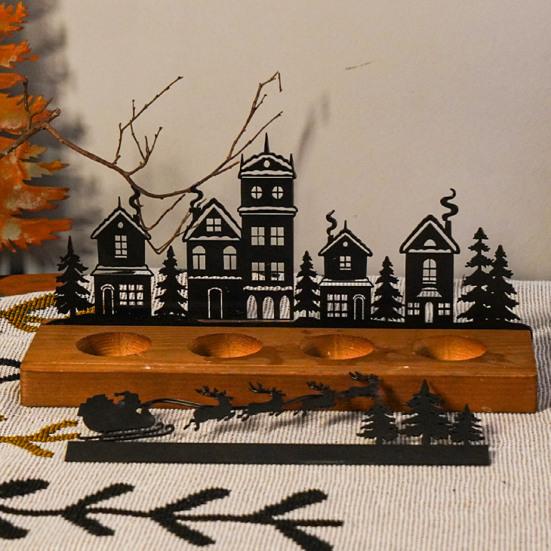 Solid Wood Iron Holder Christmas Town Silhouette Candle Holder, Wooden Tea Light Stand for Indoor Ornament Tabletop Decoration, Metal Festive