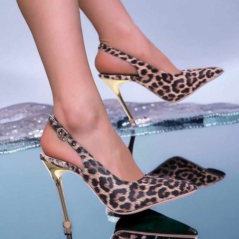 Pointed Toe High Heels Leopard Print Women's Shoes Thin Heel Large Size Slip-On Spring Summer New Style Rubber Sole Shoes