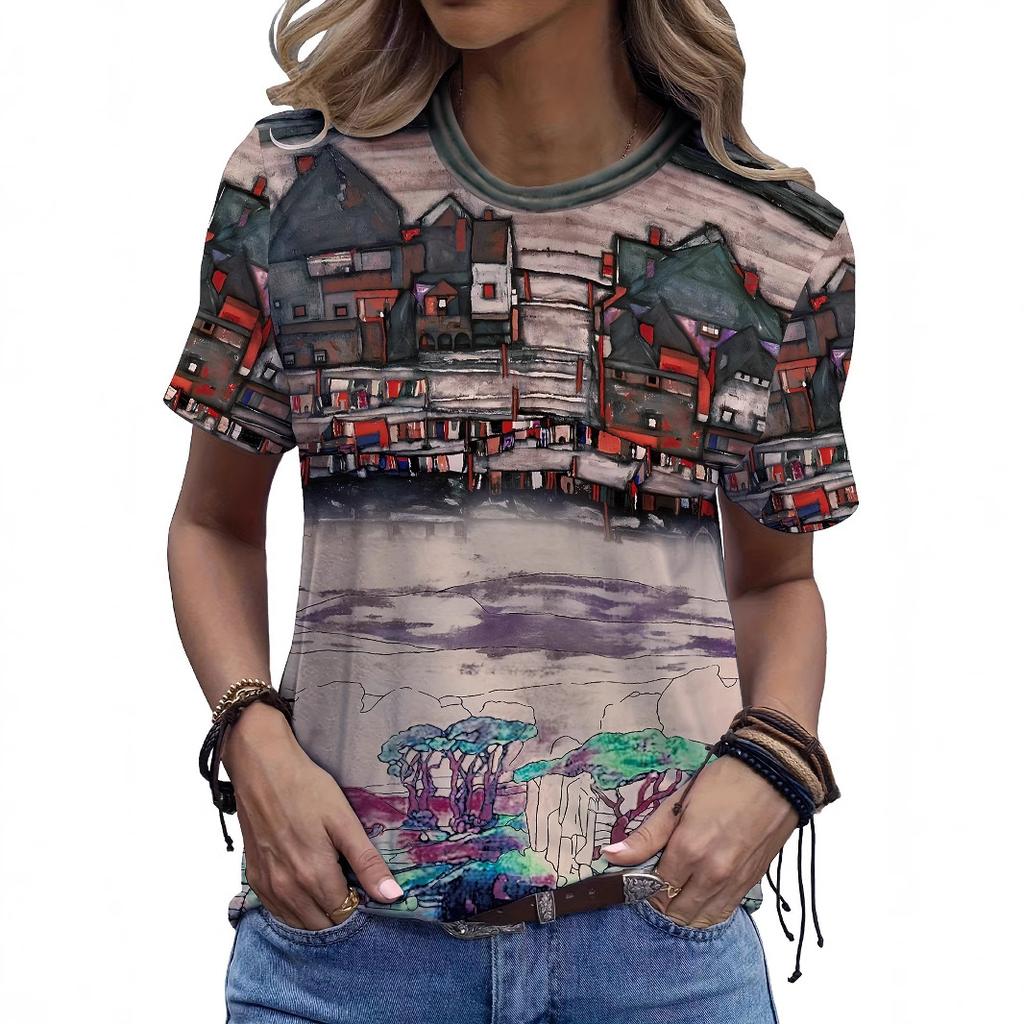 Summer Round Neck Abstract Creative Patterns 3D Print Top Fashionable Casual Short Sleeved Women's T-shirts