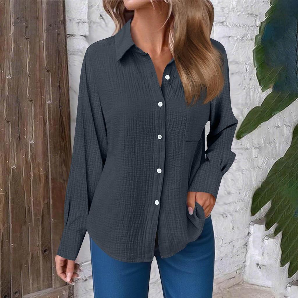 Women's Fashion Casual Solid Color Split Button Long Sleeve Shirt Top