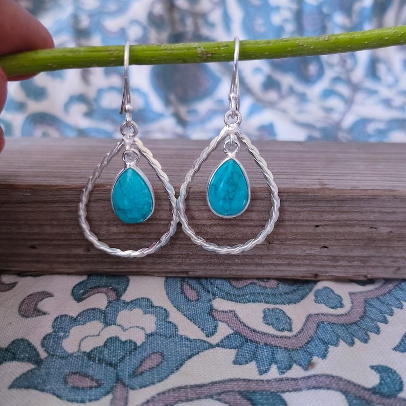 Massiver 925er Sterlingsilber Labor-Türkis Edelstein Damen Hänger handgefertigter Ohrring Geschenk für Mama, Statement Ohrring