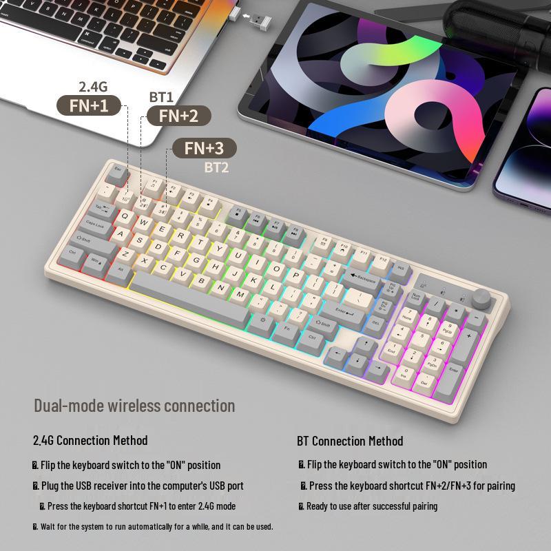 Viper K98 Dual-Mode Wireless Bluetooth Mechanical Keyboard: Stylish Color-Block Design with Office and Gaming Luminous Features