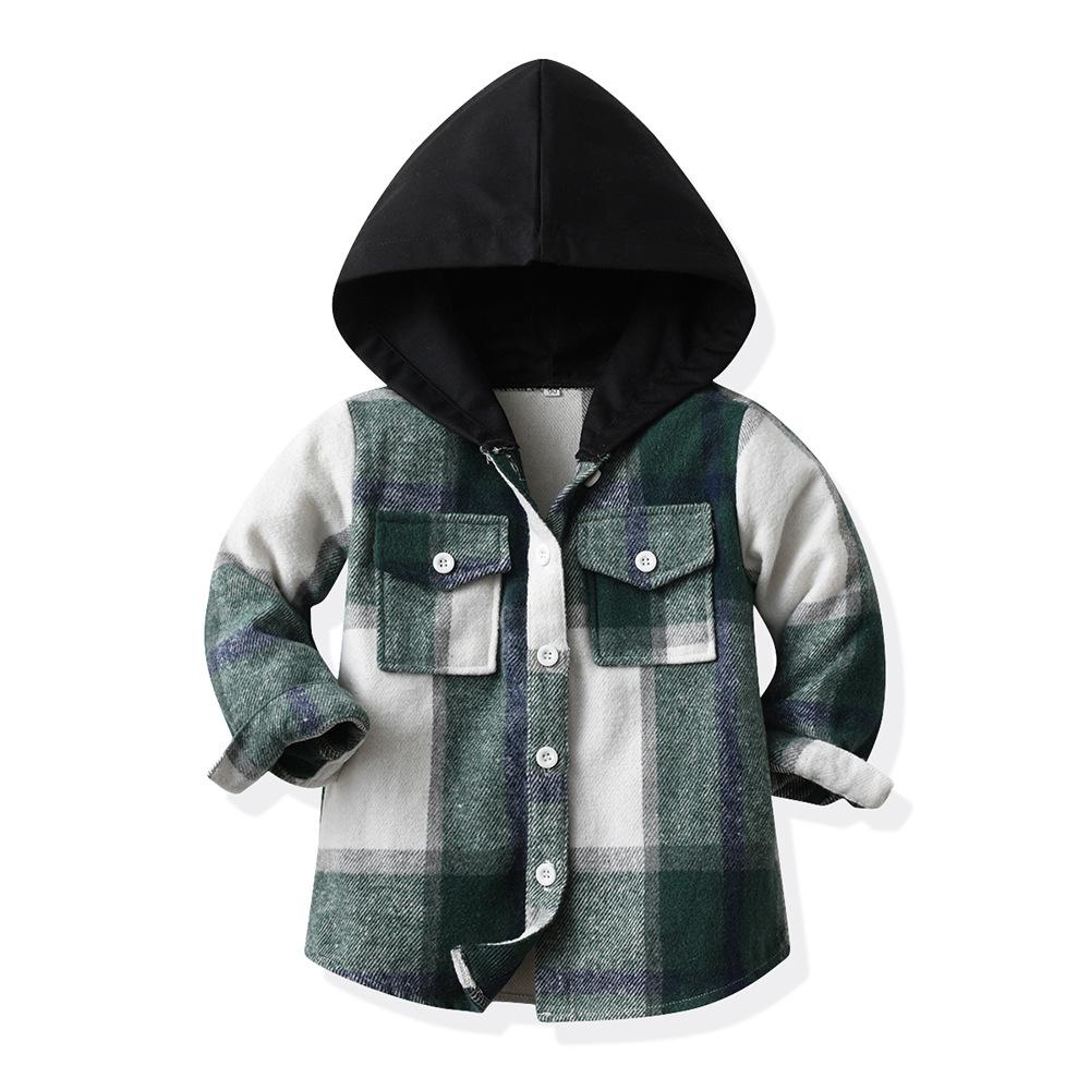 Children's Autumn Winter Plaid Fleece Hooded Long Sleeve Jacket, Casual Fashion Unisex Versatile Top for Older Kids