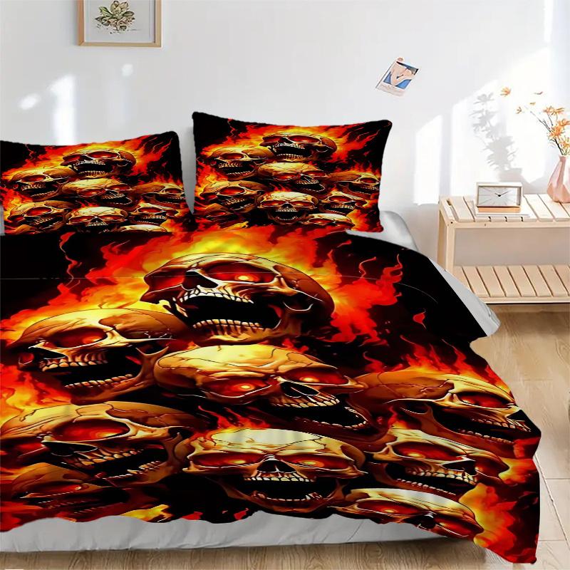 3pcs Anime Skulls Fire Print Comforter Set with 1 Quilt Cover & 2 Pillowcases (No Core) - Home Decor, Festival Gift, Polyester Fabric, Anime Cartoon D