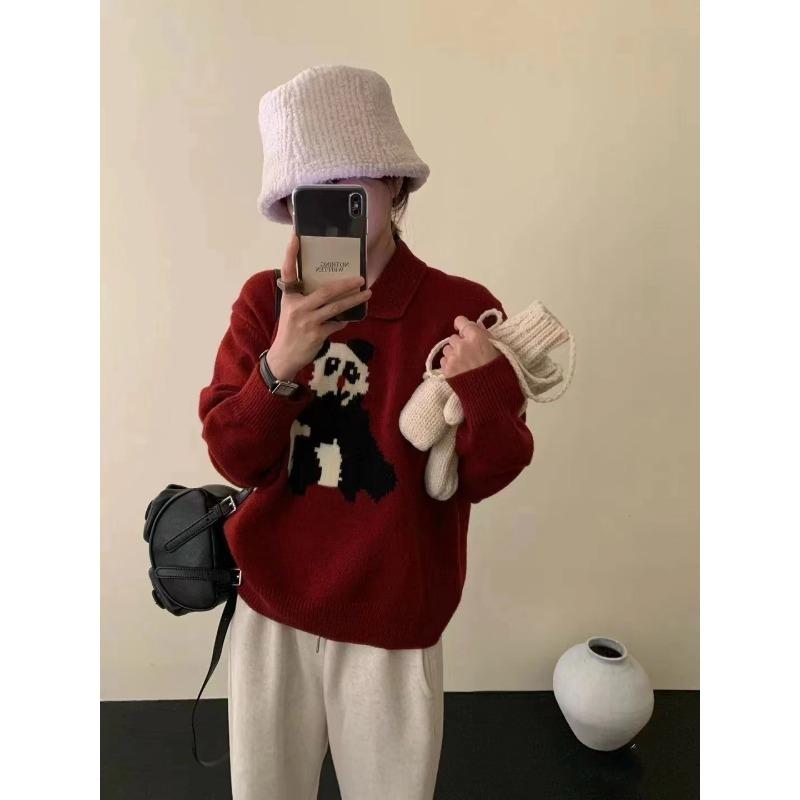 

Покупка мультяшного панды, маленького лацкана, милого, ветреного, сладкого, свободного вязаного свитера для женщин average size красный