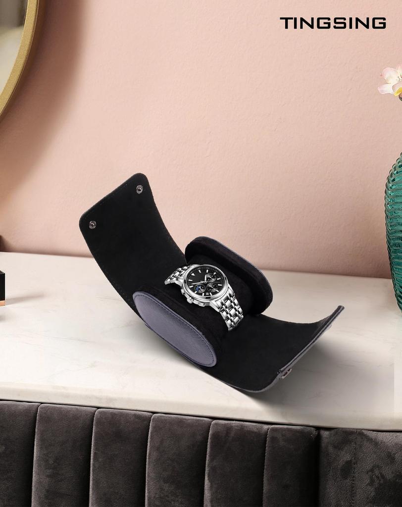 TINGSING Uhrenetui, Einzelne Uhr, Schwarz, PU-Leder Wildleder, Tragbar, Reise, Geschenk, Stilvoll