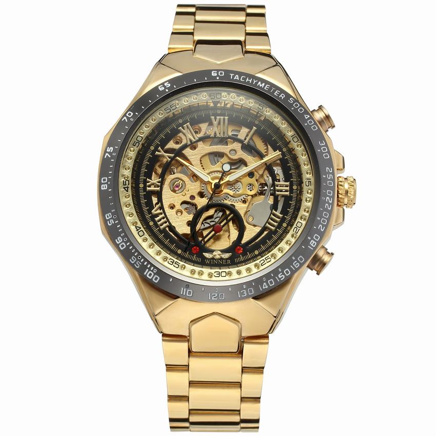 New Classic Luxury Brand Gold Skeleton Watch for Men Mechanical Watches Casual Stainless Steel Strap Vintage Wristwatches New