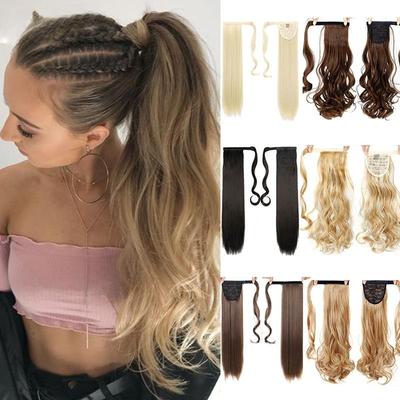 Rabo de cavalo longo ondulado, clipe em extensão de cabelo, rabo de cavalo sintético, cabelo falso natural, fibra resistente ao calor