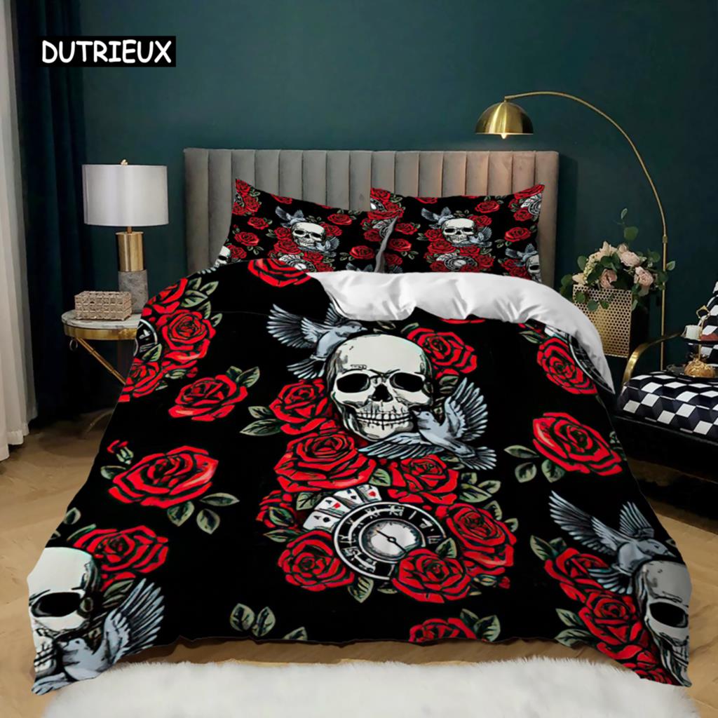 Skull Duvet Cover Queen Size Gothic Skeleton Bedding Set Rose Flower Polyester Comforter Cover for Kids Teens Adults Halloween