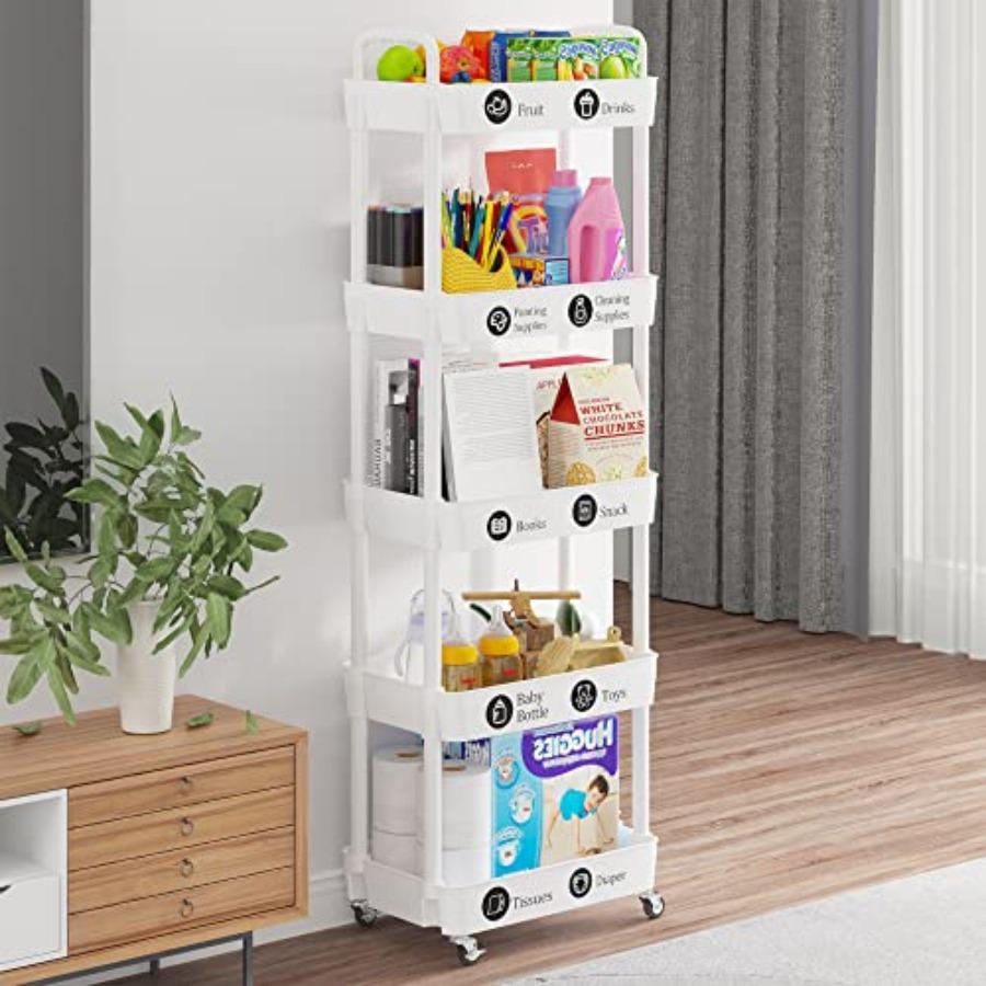 5-Tier Rolling Cart with Wheels Multifunction Utility Storage Carts Kitchen Storage Organizer Mobile Shelving Unit for Bathroom