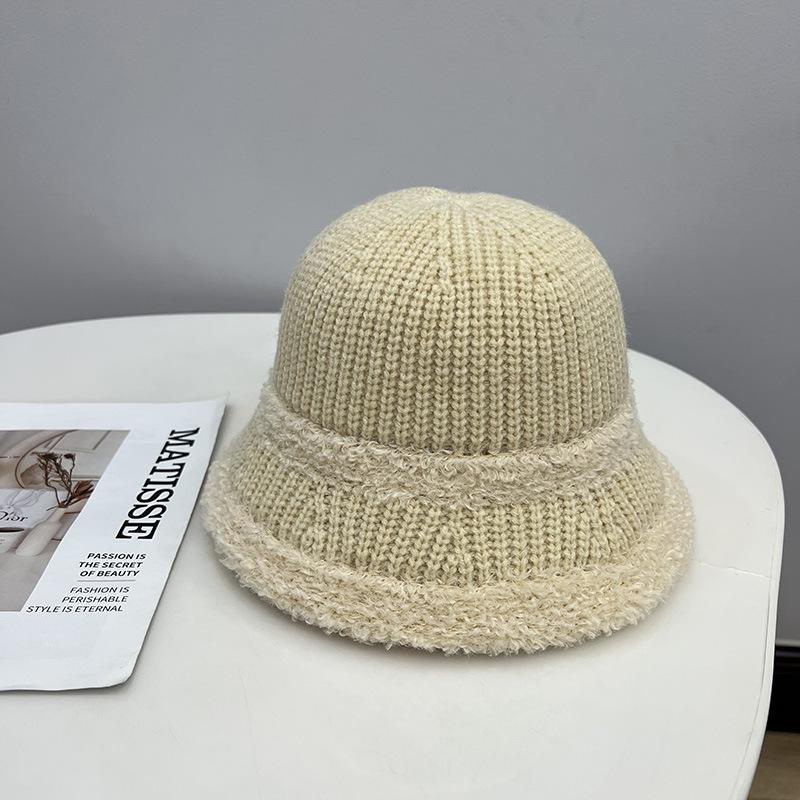 Fashion Plush Edge Knitted Warm Bucket Hat Women's Autumn and Winter Literary and Artistic Style Straight Bucket Hat
